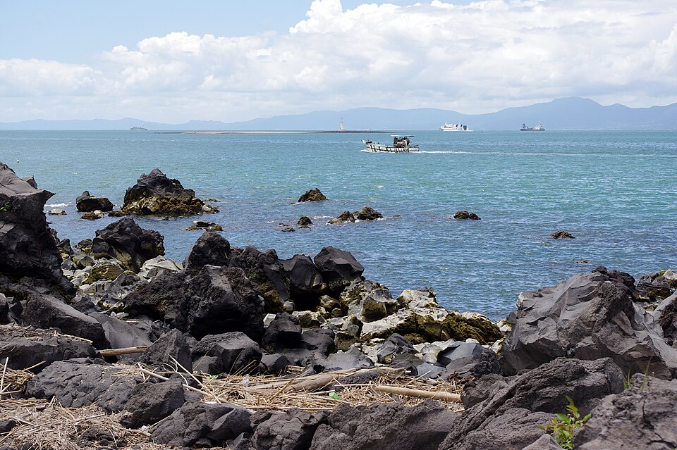 Rocky shore of Sakurajima overlooking Kagoshima Bay